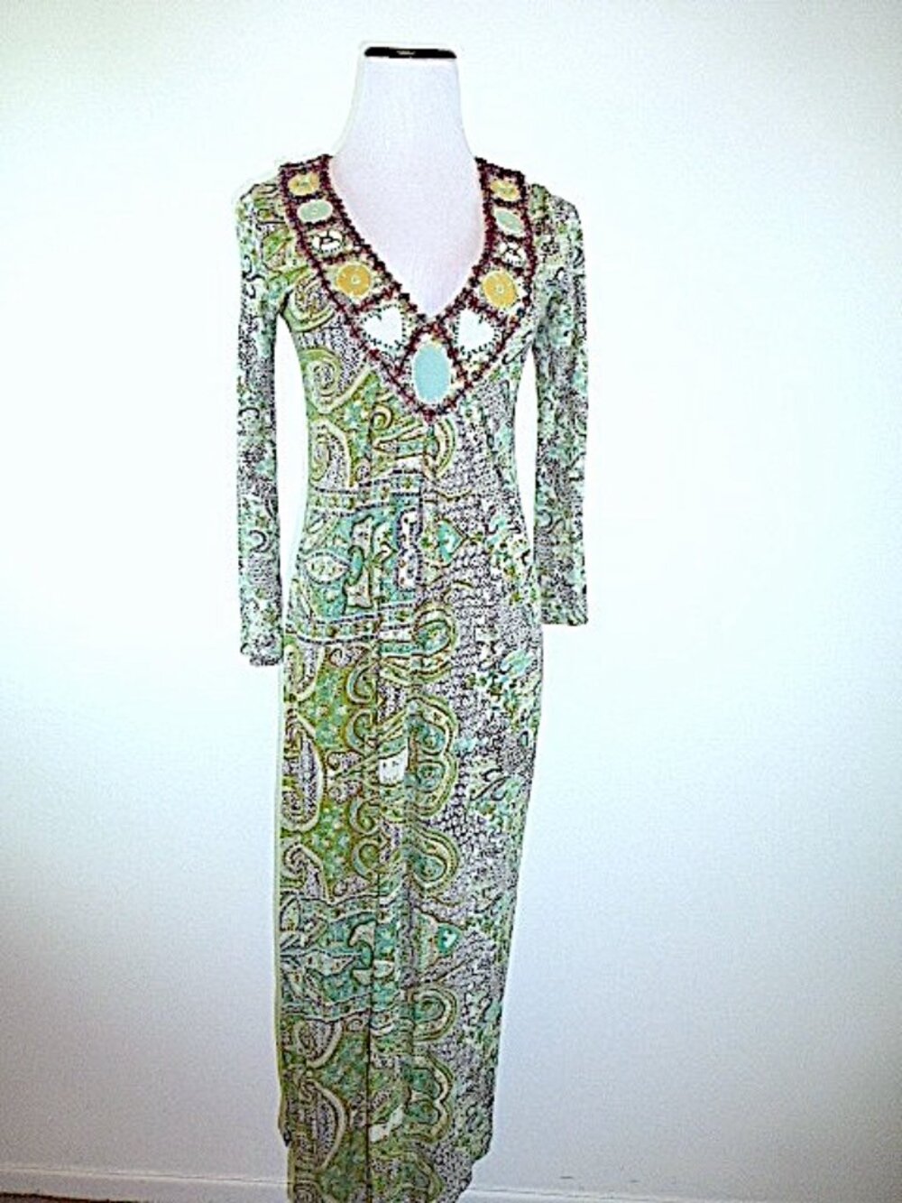 CHAN LUU Caftan handmade beaded floral turquoise MAXI dress v neck festival boho